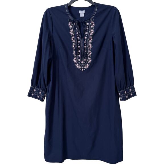 Chico's Embroidered Jewel Neck Navy Dress Women's 14 Resort Cruise Casual Boho‎ - Picture 1 of 11